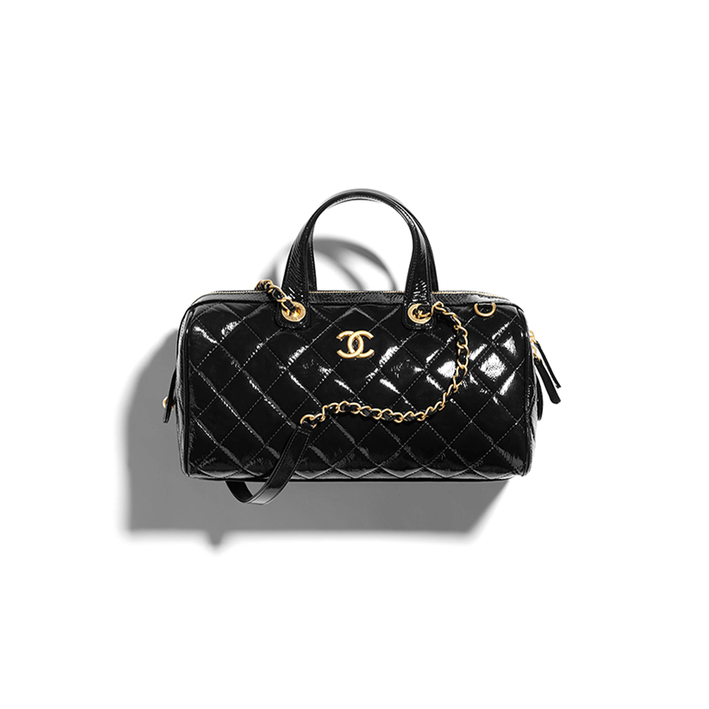 Ch*el large bowling bag patent crumpled calfskin & gold-tone metal black as5579 (31*17*13cm)